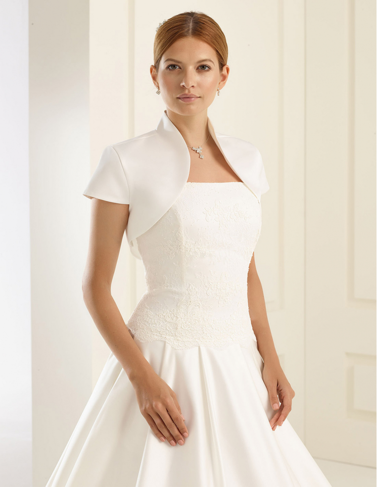 オフホワイト サテン シンプル 半袖 ハイネック ウェディングボレロ