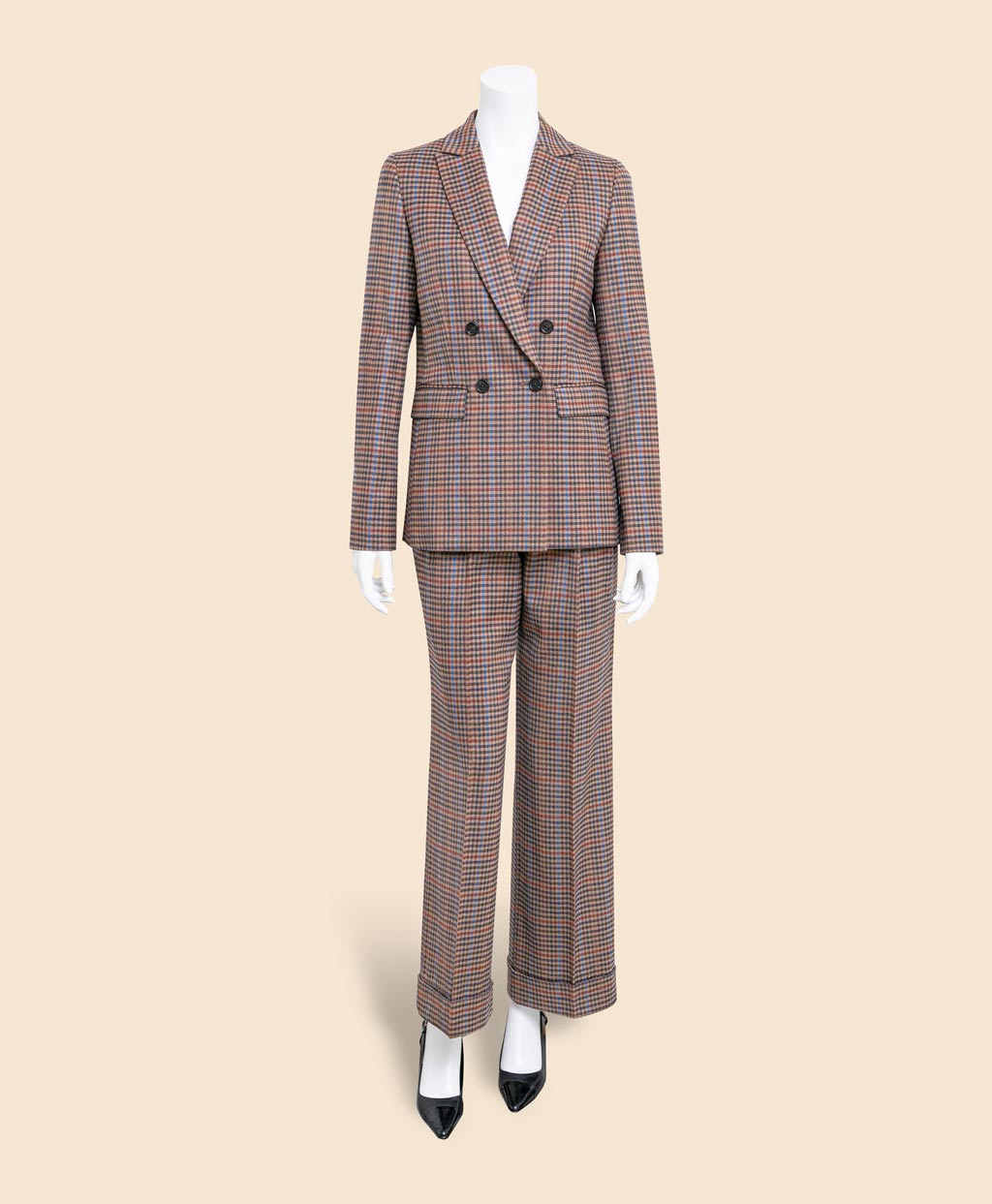 ウールブレンド ガンクラブチェック プリーテッド ワイドレッグパンツ