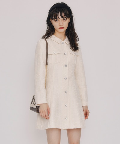 ビジューボタンファンシーツイードシャツミニワンピース(S ホワイト