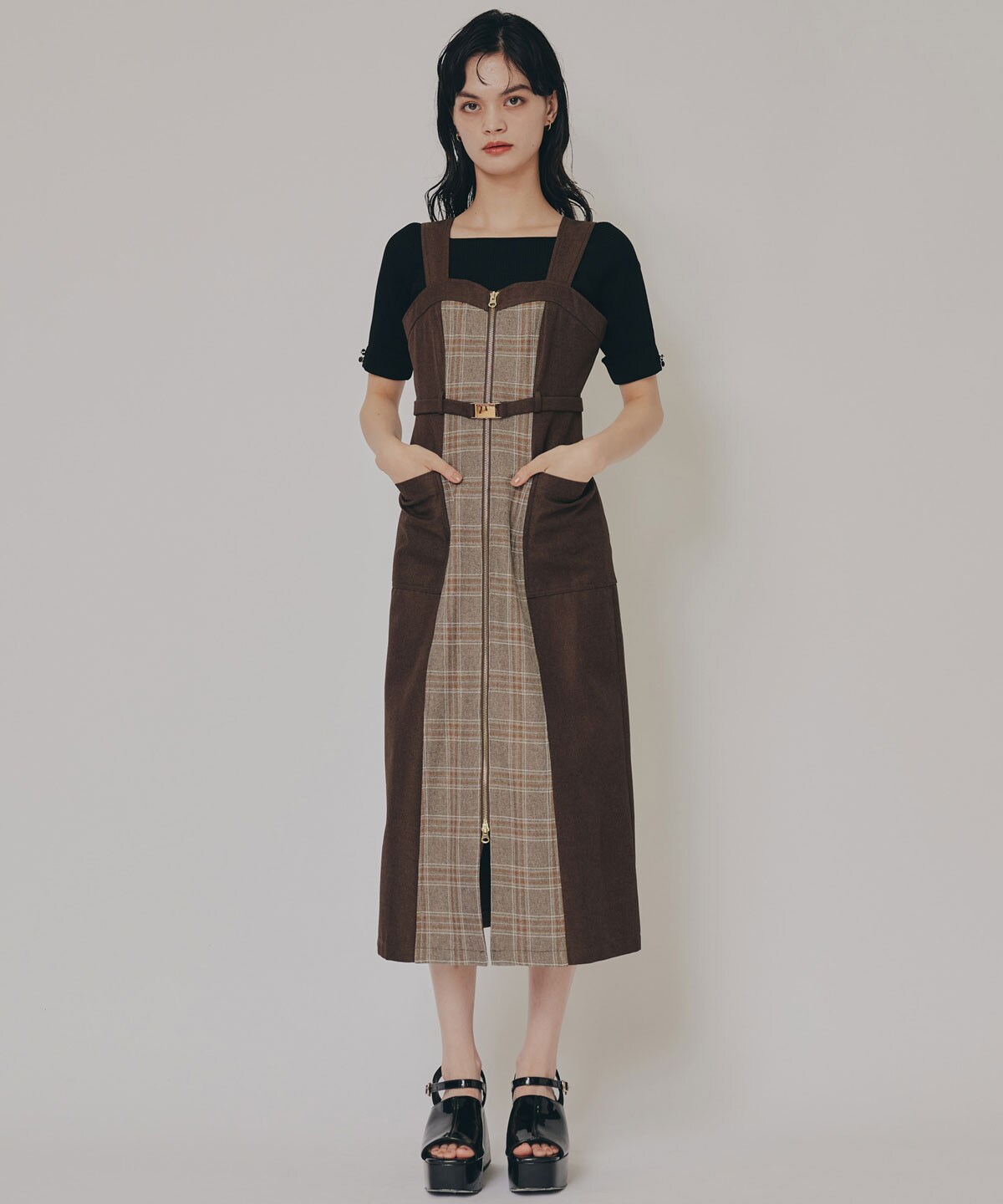 フロントジップバイカラーチェックワンピース