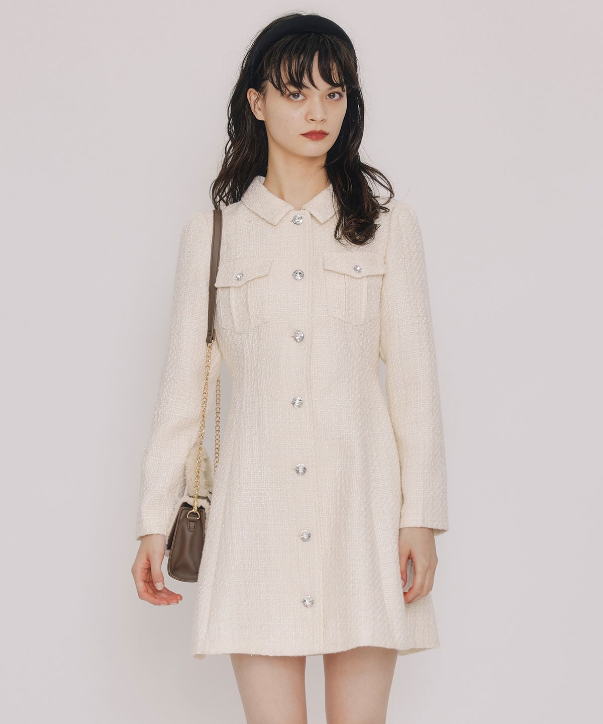 ビジューボタンファンシーツイードシャツミニワンピース(S ホワイト