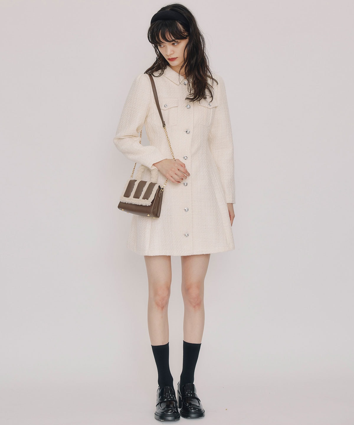 ビジューボタンファンシーツイードシャツミニワンピース(S ホワイト