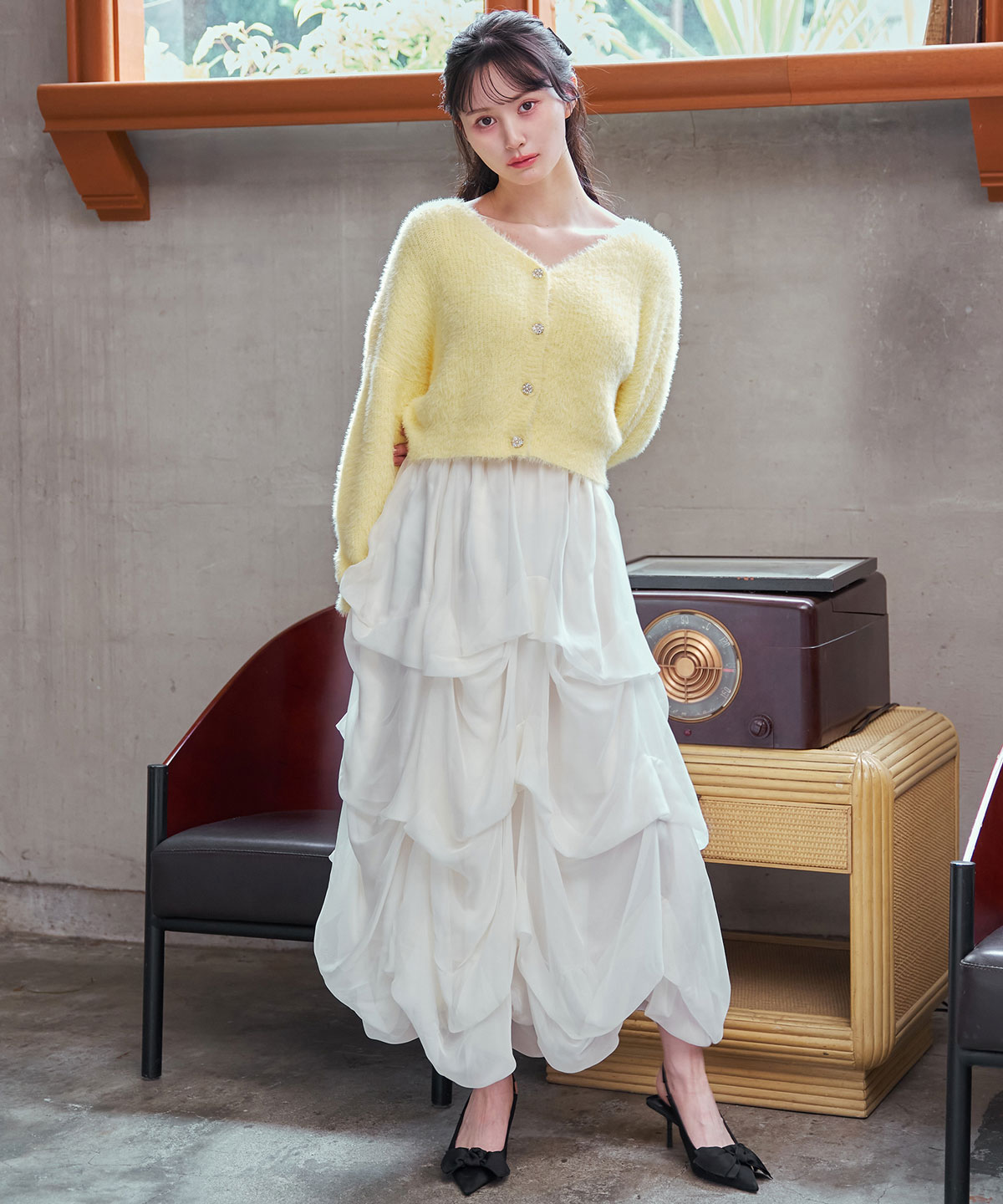 タックバルーンボリュームシフォンロングスカート(F オフホワイト