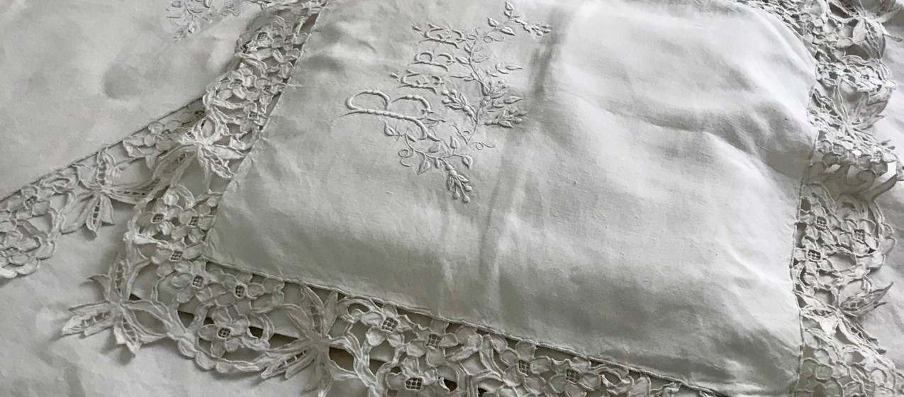 パリ発送】C1197 フランスアンティークリネン＆レースカーテン カット