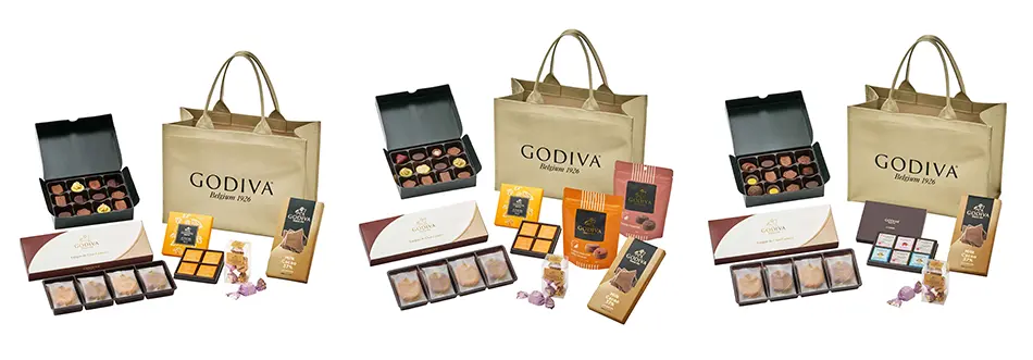 高級感あふれるゴールドカラーのオリジナルバッグにチョコレートや