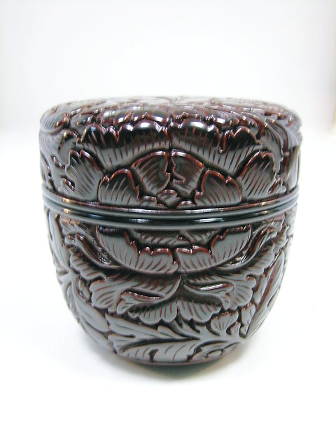 茶道具 工芸品 漆器 棗 村上木彫堆朱 朱溜塗 朱溜塗牡丹紋棗 高橋連峰