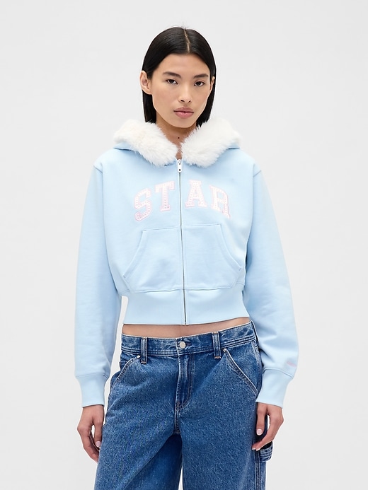 Gap × Sandy Liang Vegan Fur-Trim Crop Zip Hoodie | Gap