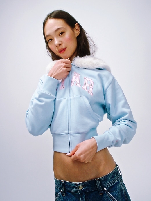 Gap × Sandy Liang Vegan Fur-Trim Crop Zip Hoodie | Gap