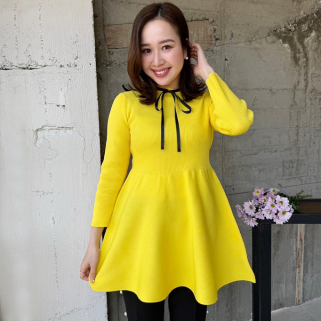 リボン付きリブ切替え裾フレアニット【8a-122-01981】