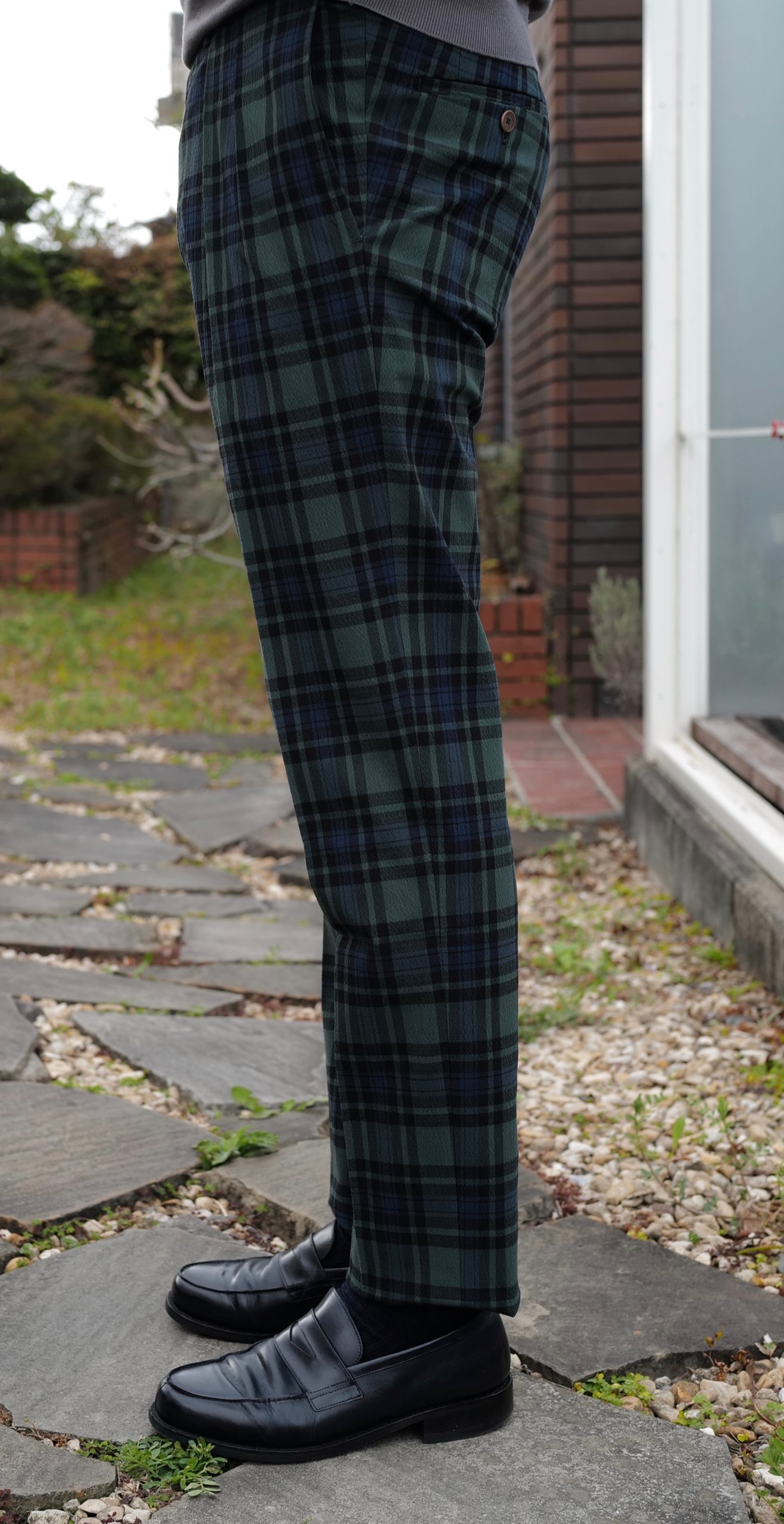 ベルナールザンス チェック柄スラックス ダークグリーン/ネイビー