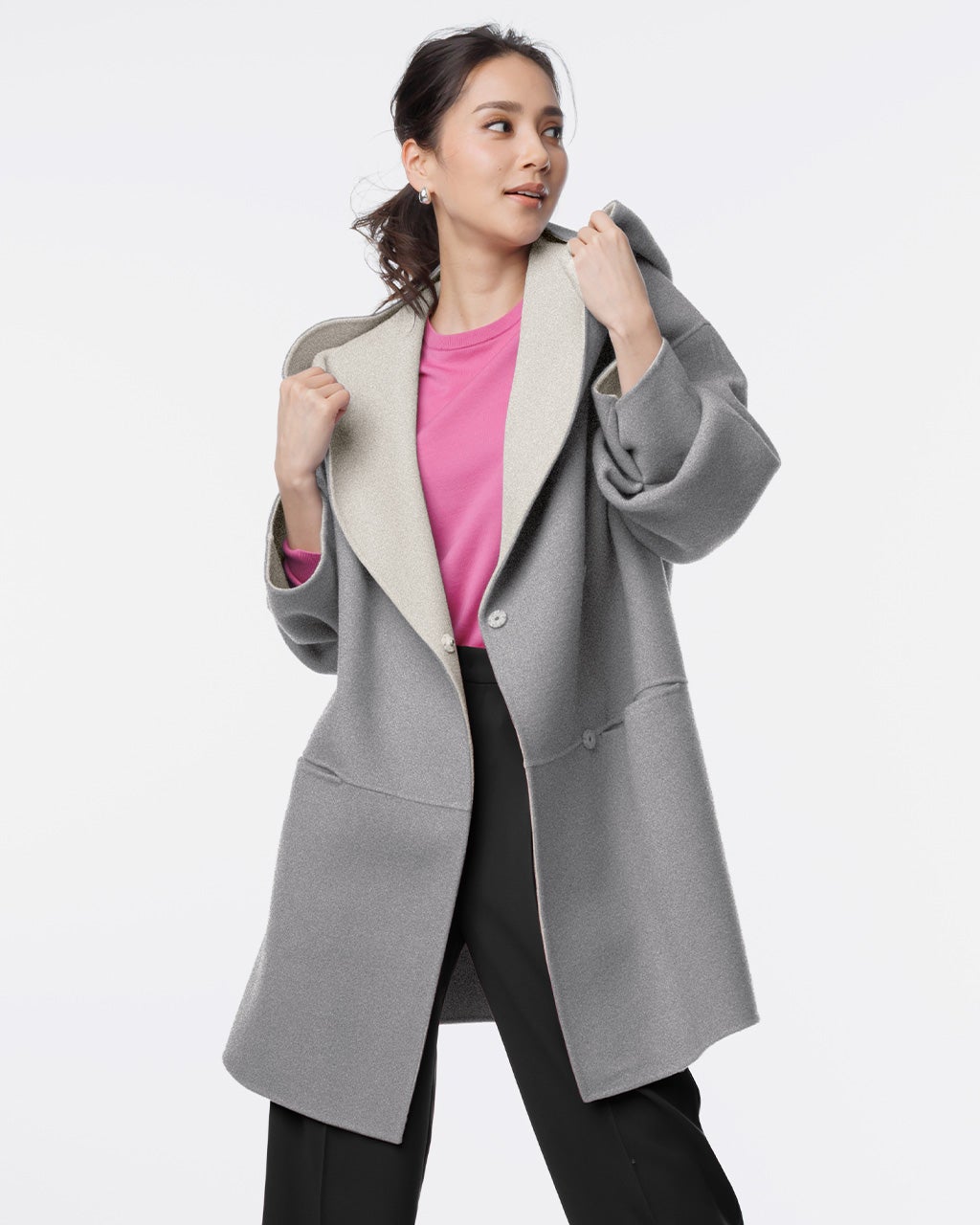 カシミヤ混ウールリバーコート／フーディ/DoCLASSE