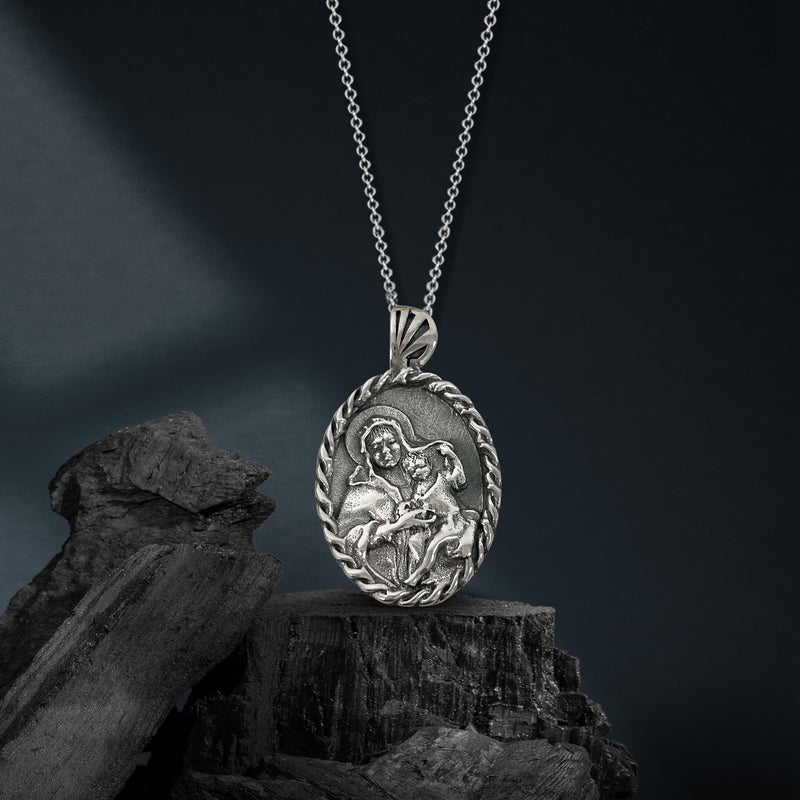 Antique Finish Sterling Silver Thorn Frame Virgin Mary Necklace