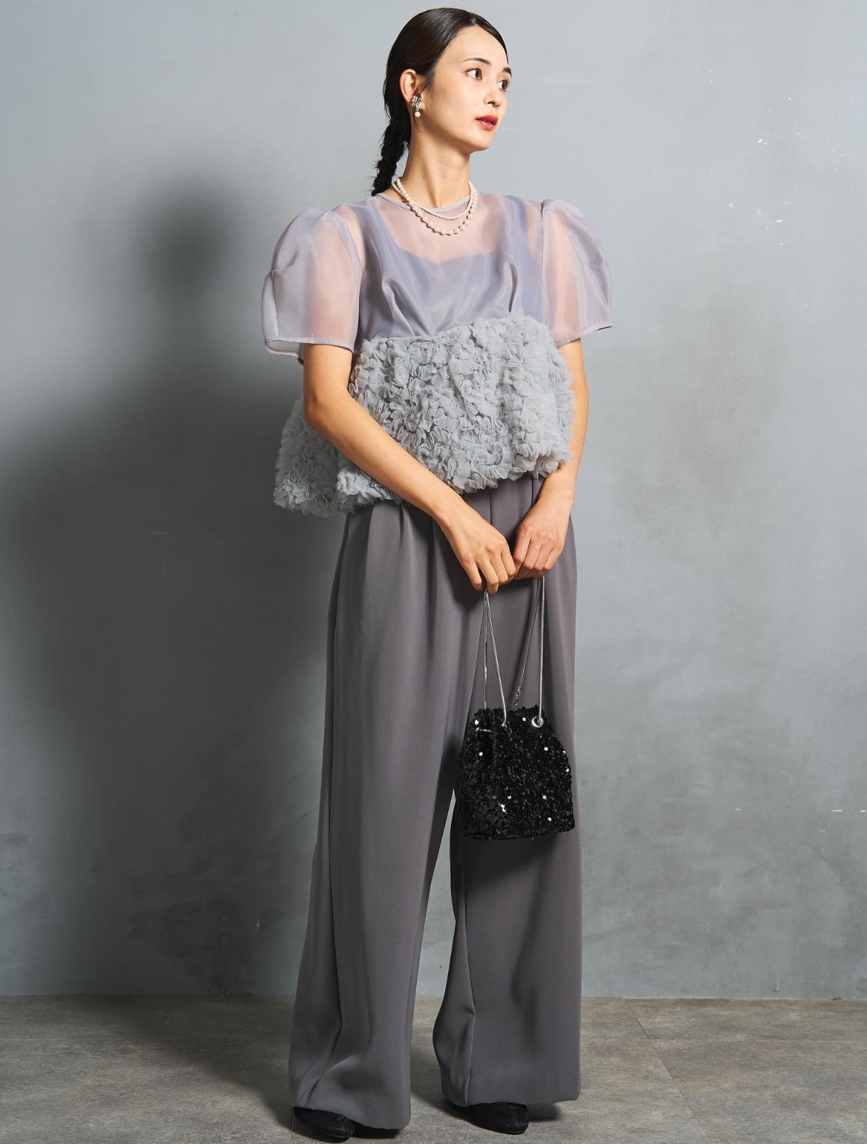 S/M/L】ペプラムブラウスセットアップパンツドレス（グレー）DPSET0821