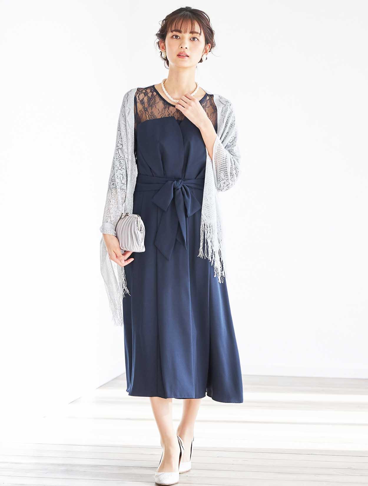 LL】レース切替7分袖ミモレ丈ドレス（ネイビー）DPSET0395Lのレンタル