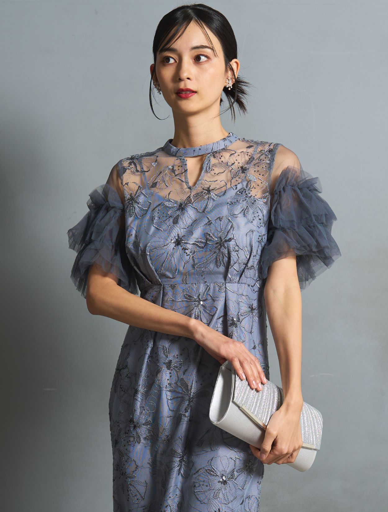 M/L】スパンコール刺繍レースドレス（ブルーグレー）DPSET0745の