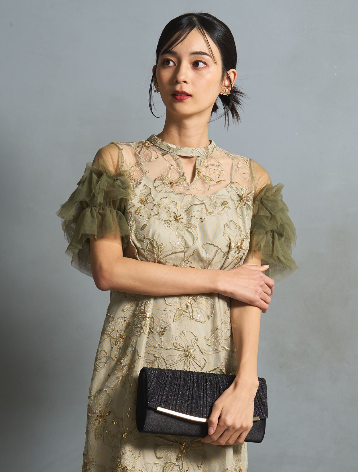 M/L】スパンコール刺繍レースドレス（ライトグリーン）DPSET0746の