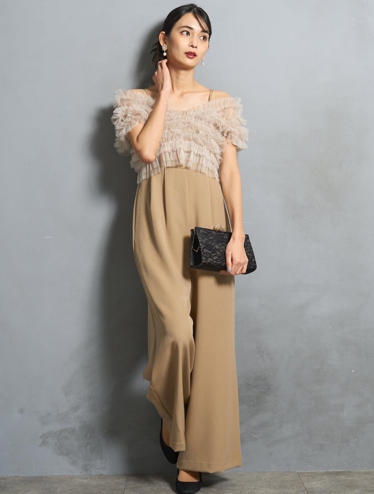 S/M/L】チュールTOPS付オールインワンドレス（ベージュ）DPSET0791の