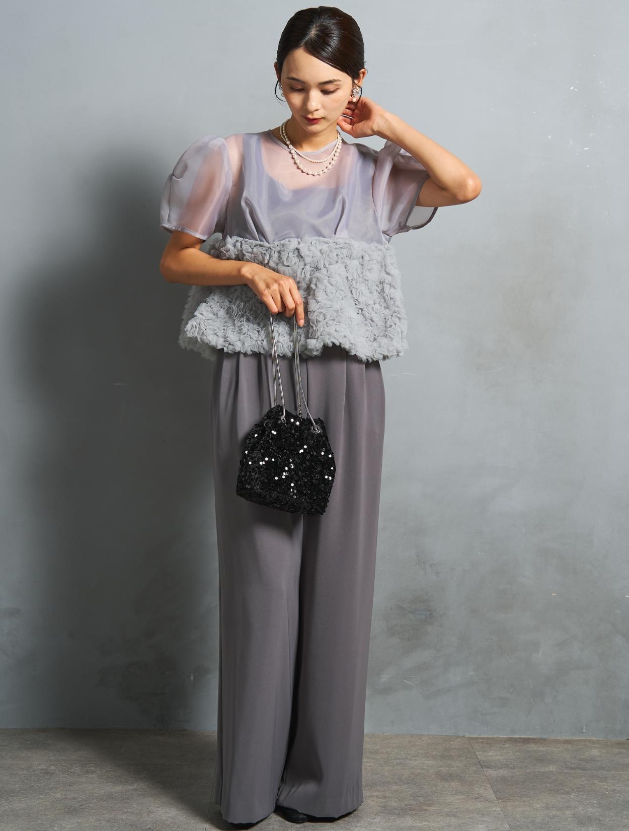 S/M/L】ペプラムブラウスセットアップパンツドレス（グレー）DPSET0821