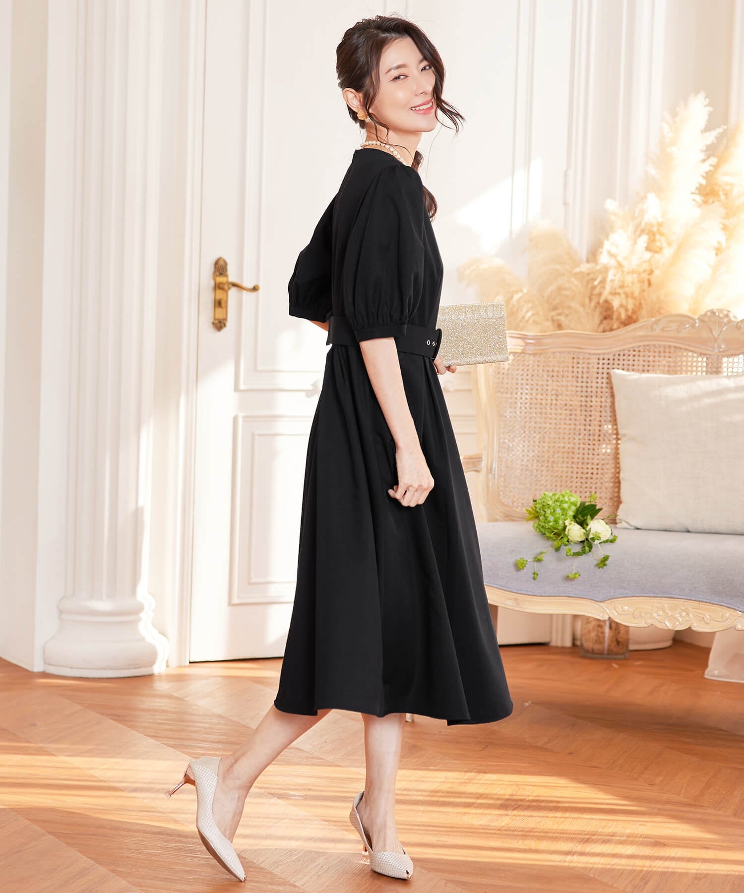 ワンピース ミモレ丈 結婚式 フォーマル ベルト付き ブラック – [公式