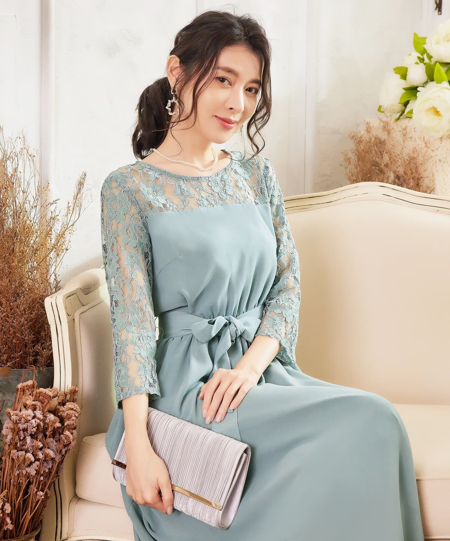 ワンピース レース 披露宴 結婚式 フォーマル パーティードレス ブルー