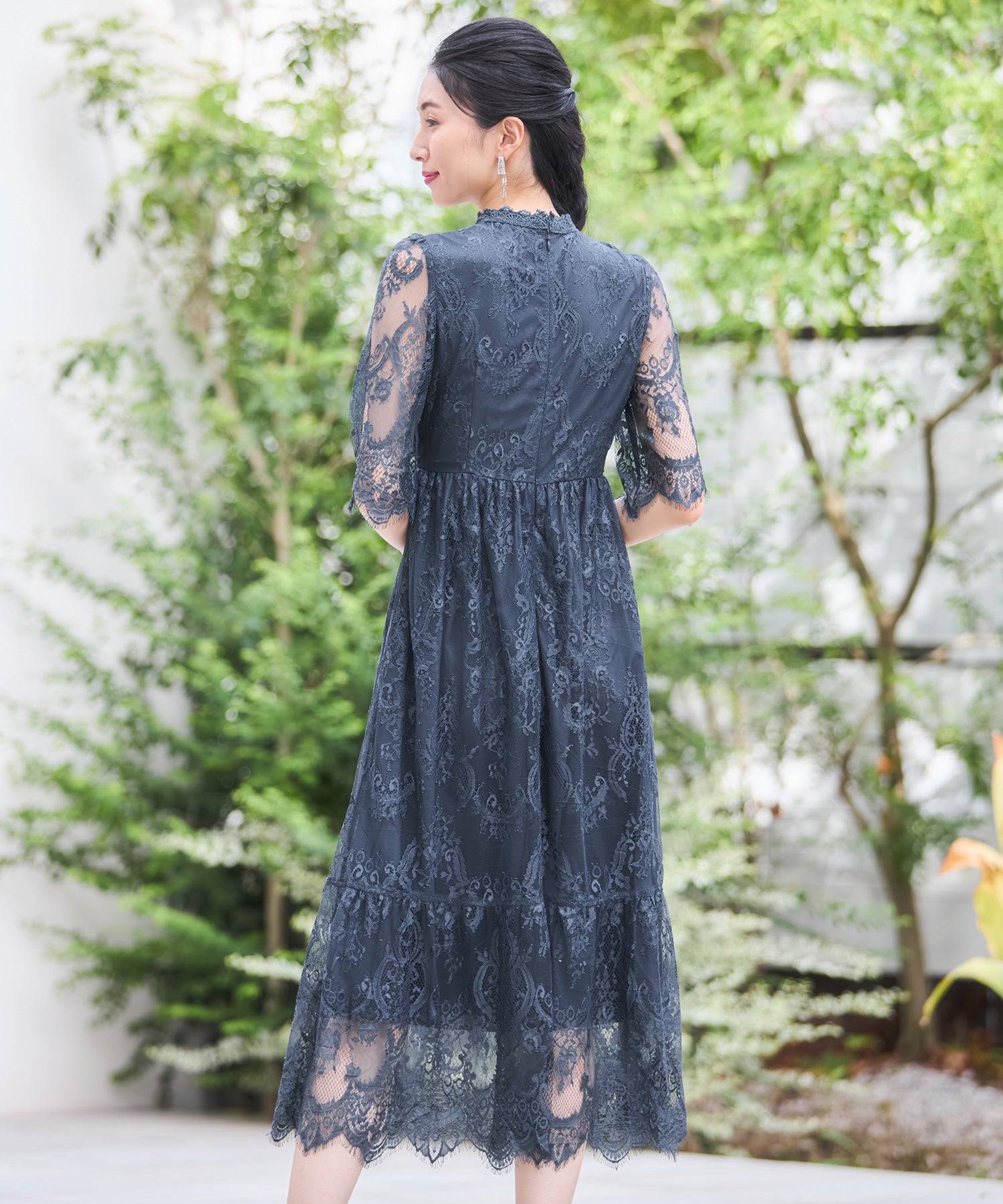 レーススタンドカラーワンピースドレスパーティードレス チャコール