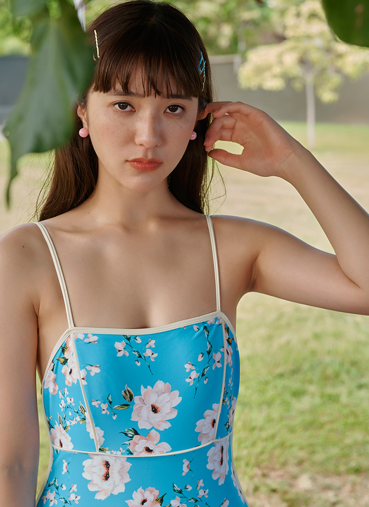 パイピング花柄ワンピース水着(スカイブルー) | レディース