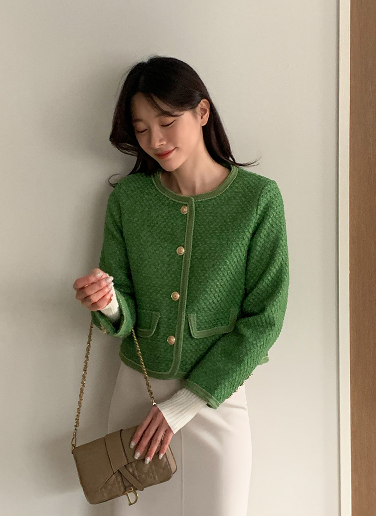 ゴールドボタングリーンツイードジャケット | レディースファッション