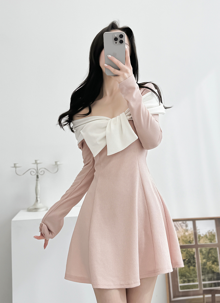 配色リボンオフショルミニワンピース | レディースファッション通販