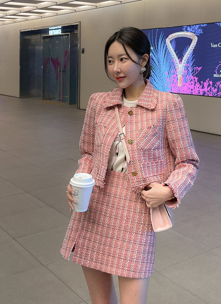 カラーネックツイードジャケット&ミニスカートSET | レディース