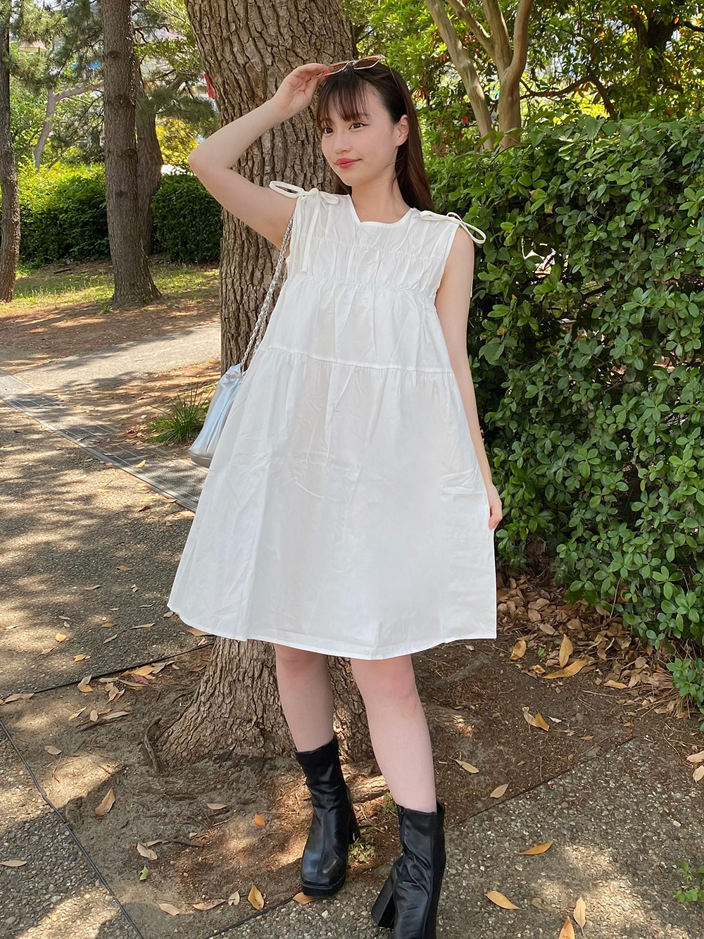 ノースリーブ肩リボンティアードミニワンピース | レディース