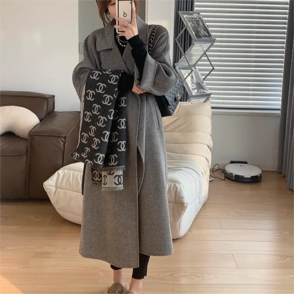 ストラップ付ウールオープンロングコート | レディースファッション