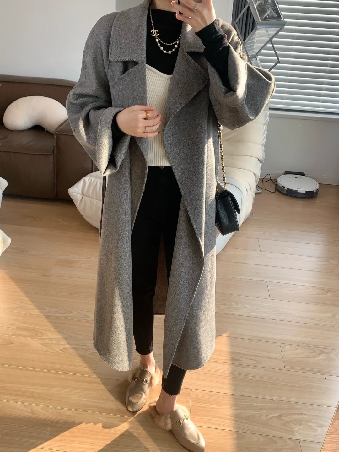 ストラップ付ウールオープンロングコート | レディースファッション