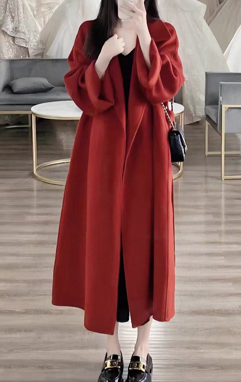 ストラップ付ウールオープンロングコート | レディースファッション