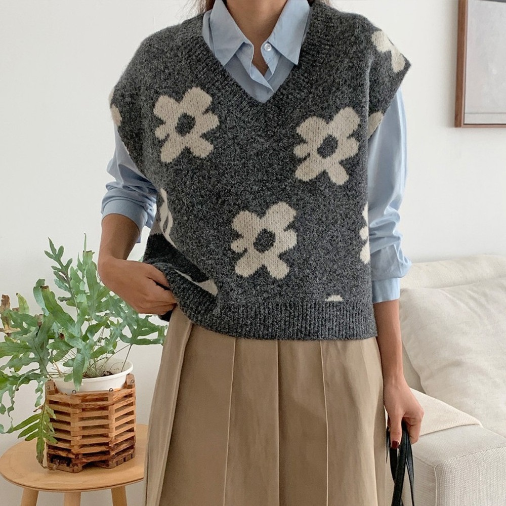 アルパカ混配色花柄Vネックニットベスト | レディースファッション通販