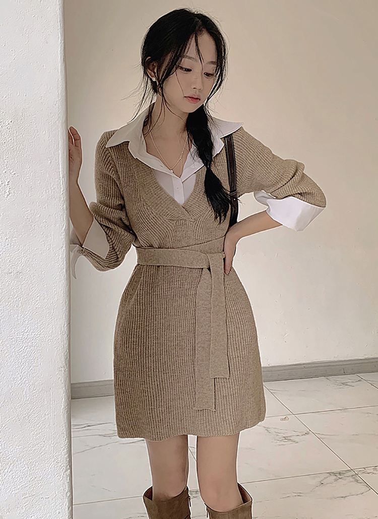 シャツレイヤード風ニットワンピース | レディースファッション通販