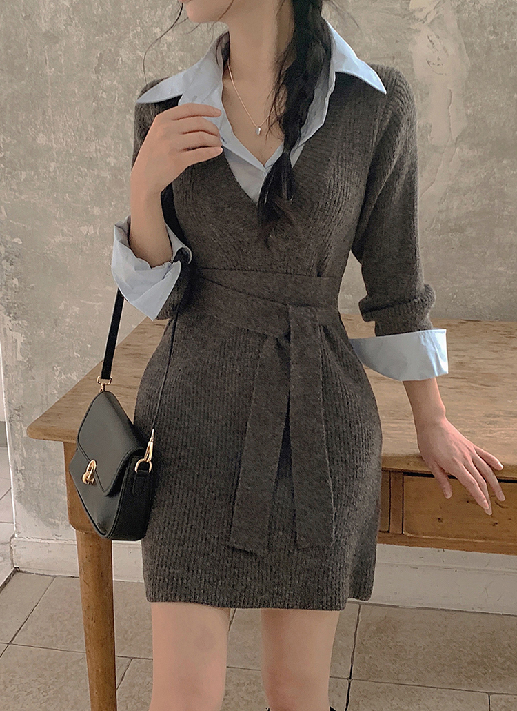 シャツレイヤード風ニットワンピース | レディースファッション通販