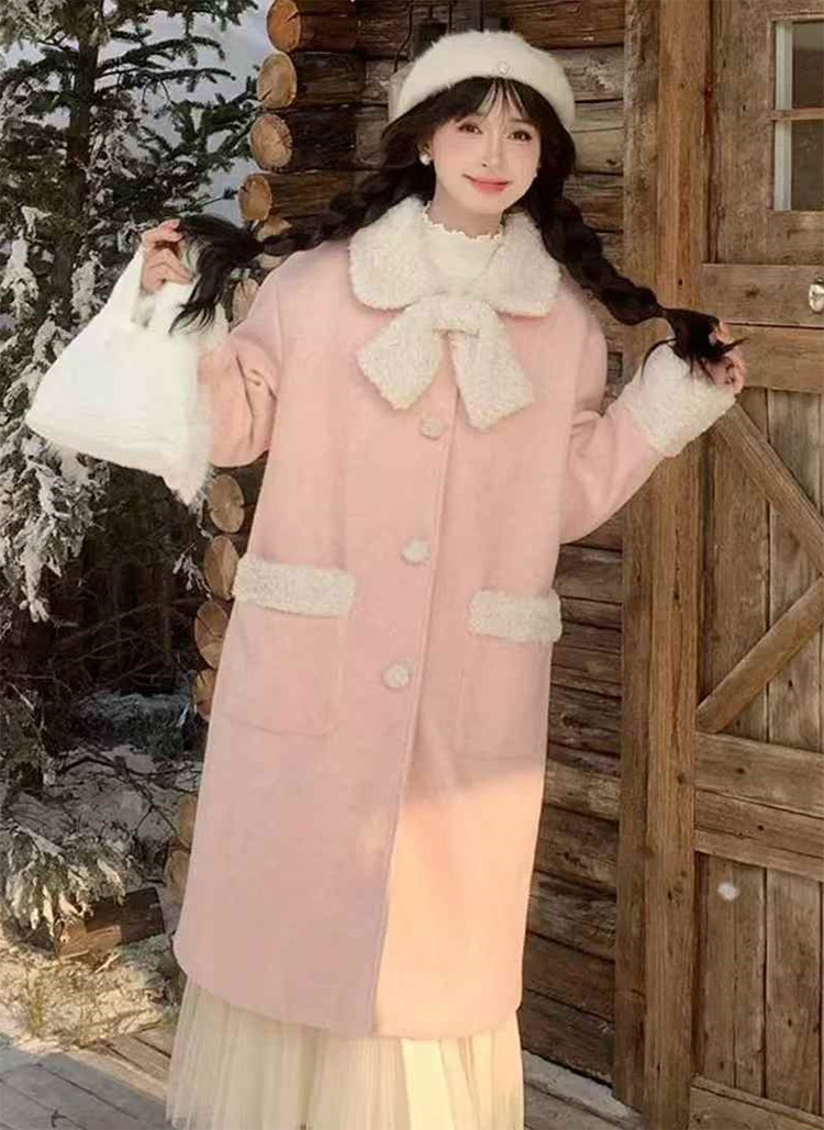 リボン付ボア配色ポケットロングコート | レディースファッション通販