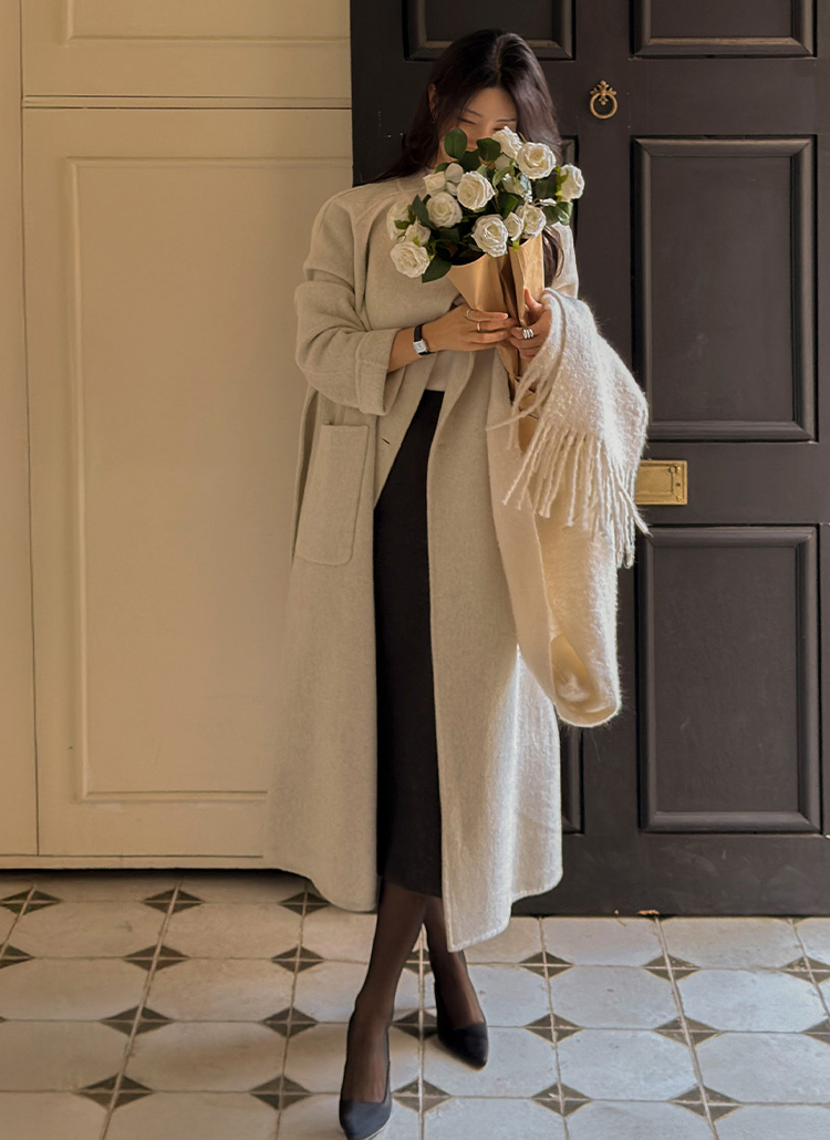 ウール混ポケットロングルーズ長袖コートベルト付 | レディース