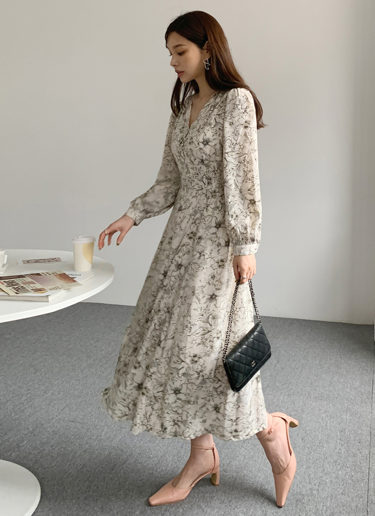 YOKANG 花柄 長袖ワンピース グレー YOKANG 花柄 長袖ワンピース