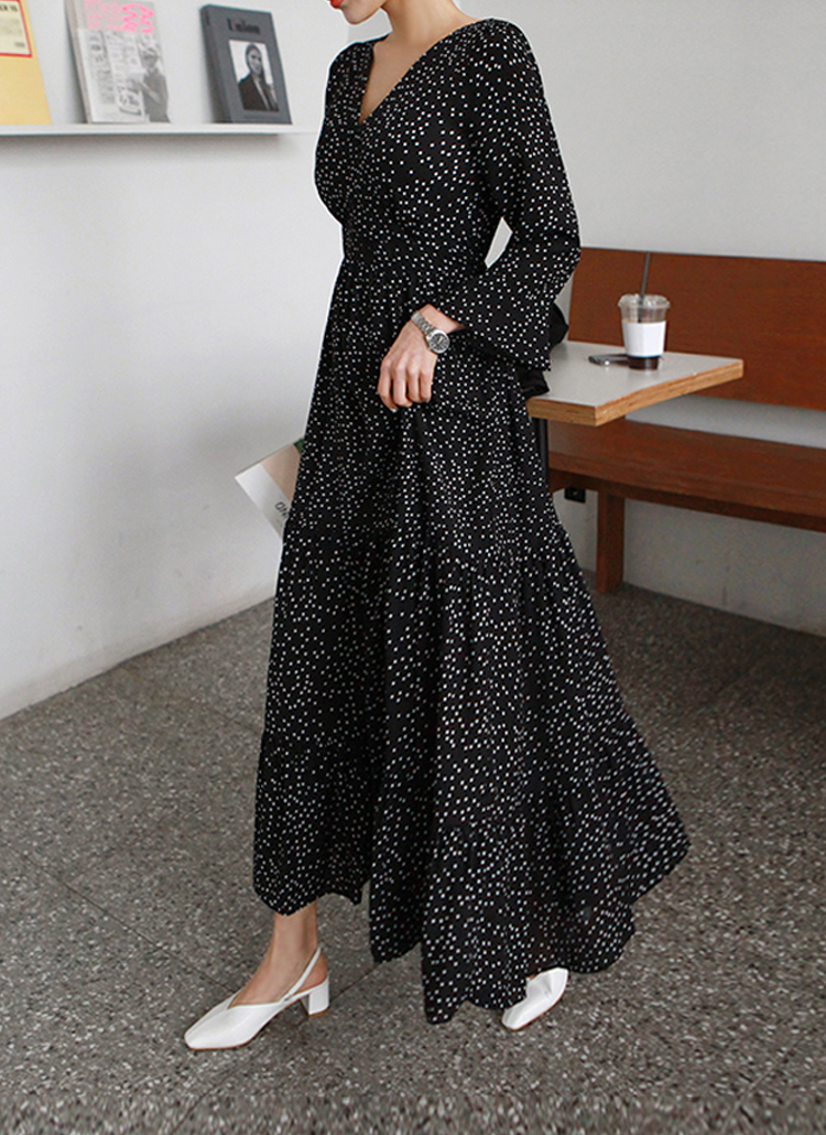 ドットVネックロングワンピース | レディースファッション通販 - DHOLIC