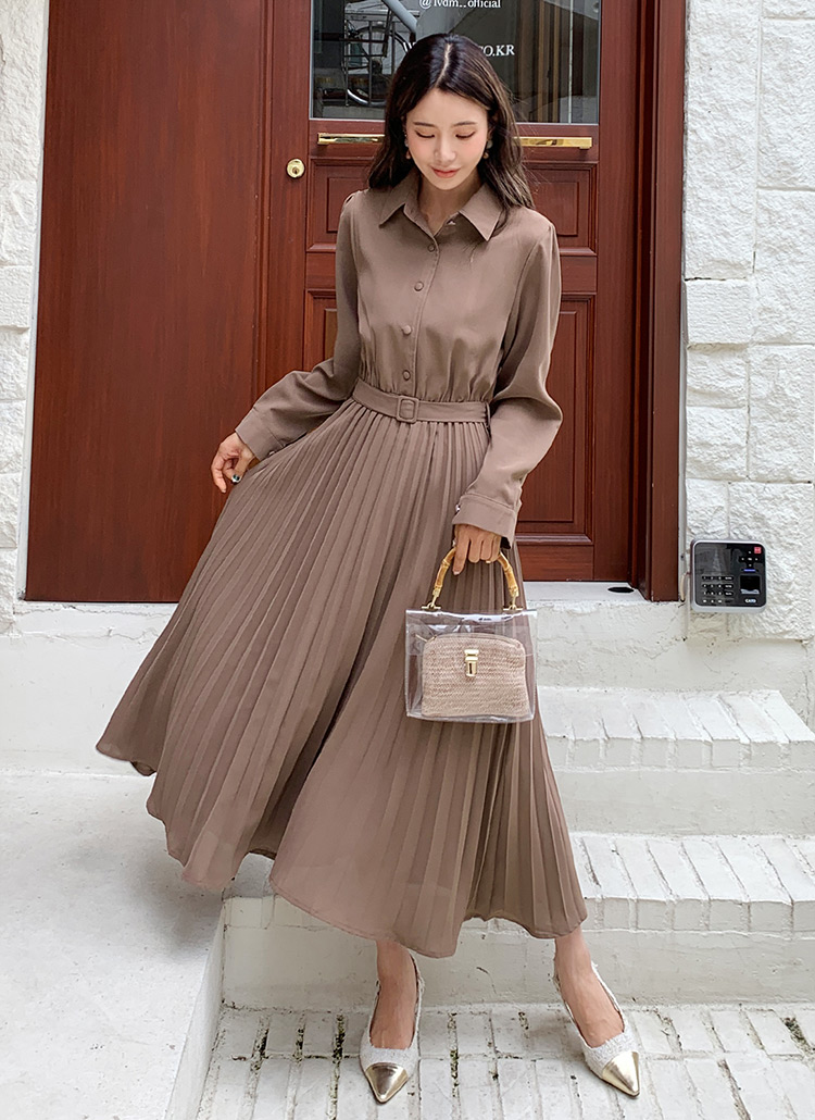 ベルト付プリーツシャツワンピース・全2色 | レディースファッション