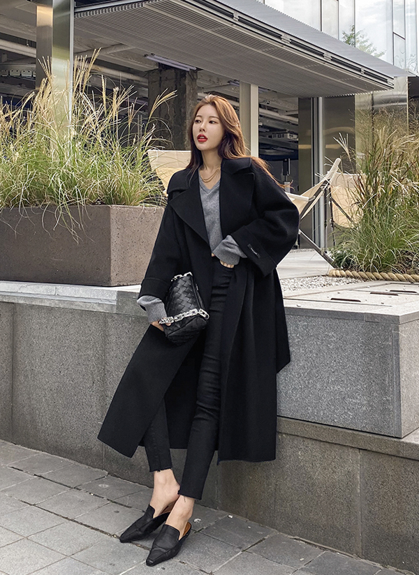 ストラップ付ウール混ロングガウンコート | レディースファッション