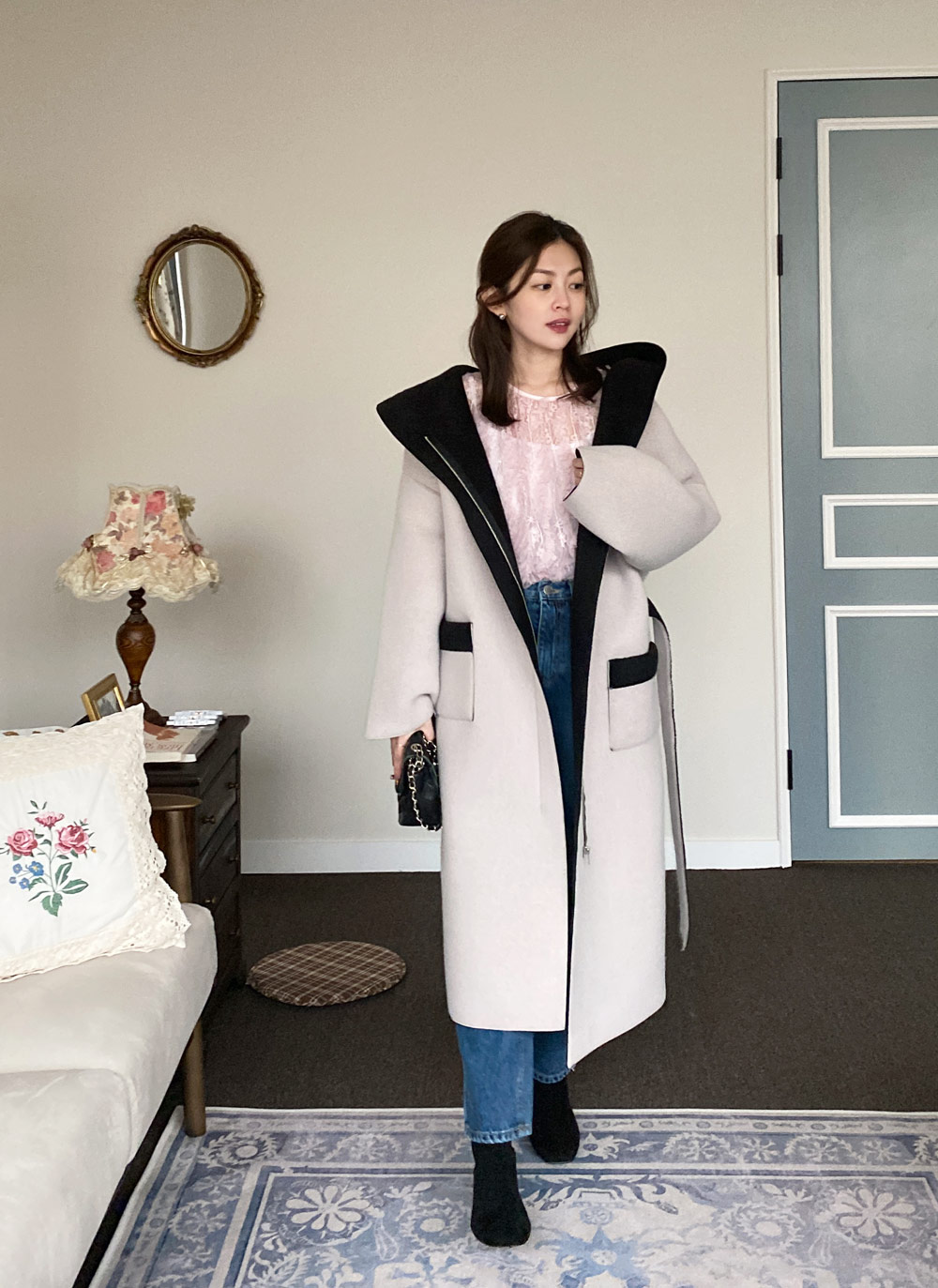 ファー裏地ストラップ付フードロングコート | レディースファッション