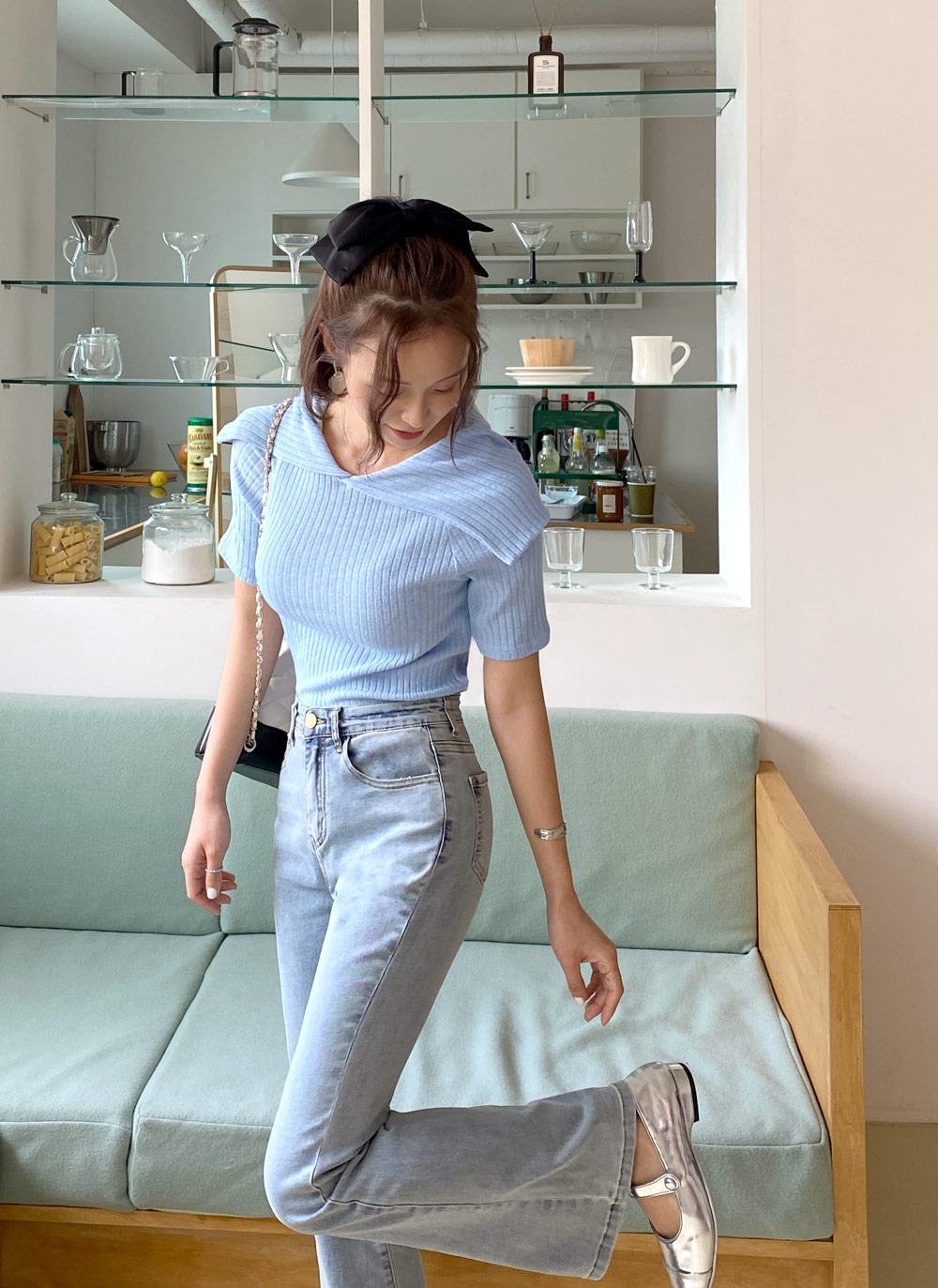 パンツ Mary logo flare denim blue beige ANDMARY】Mary logo flare denim