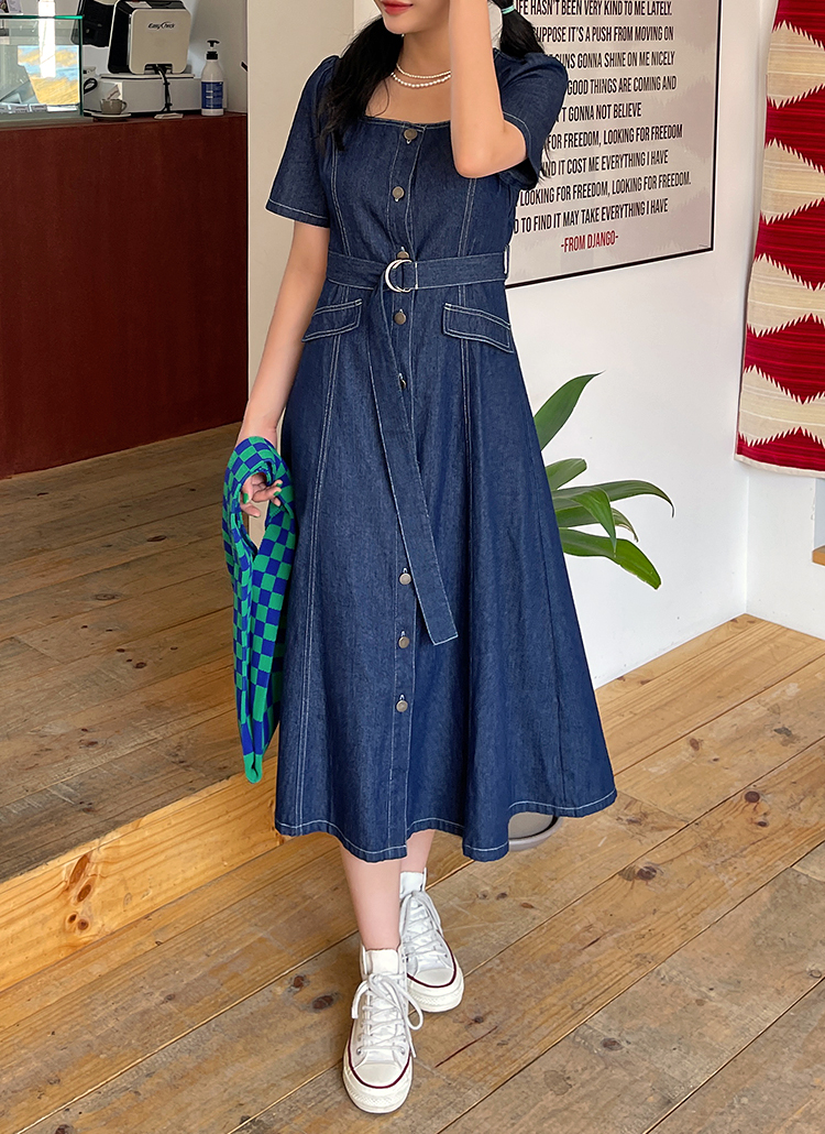 ベルト付ステッチラインデニムワンピース | レディースファッション
