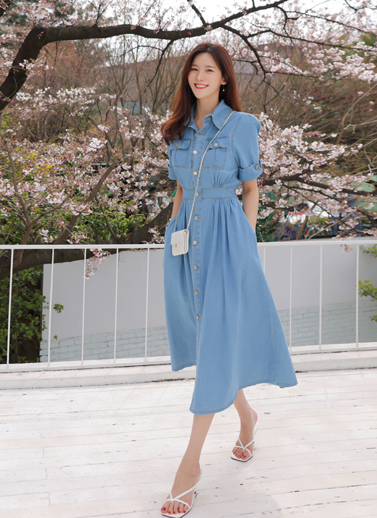 カラーネックデニムフレアワンピース | レディースファッション通販