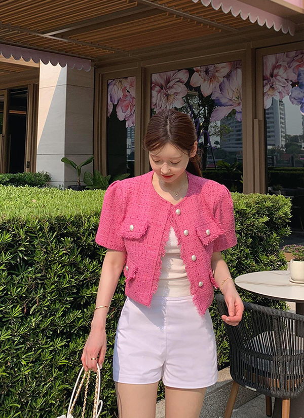 フリンジピンク半袖ツイードジャケット | レディースファッション通販