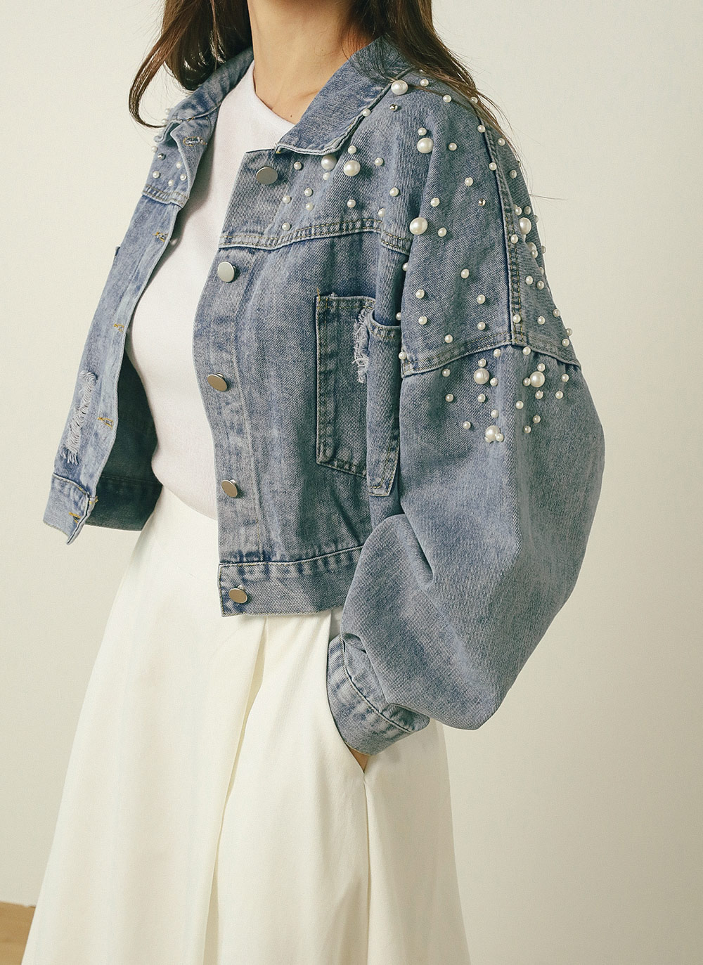 フェイクパールダメージデニムジャケット | レディースファッション