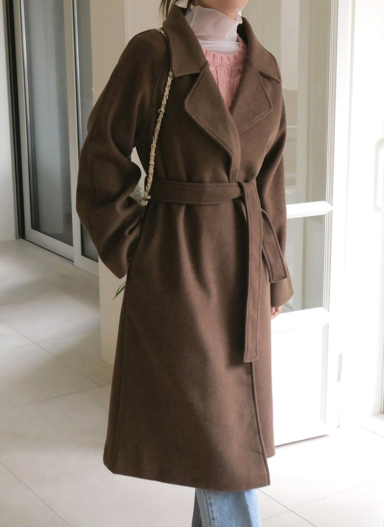 ストラップ付ウール混オープンロングコート | レディースファッション