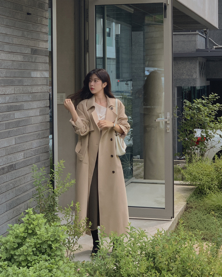 ベルト付ダブルボタンロングトレンチコート | レディースファッション
